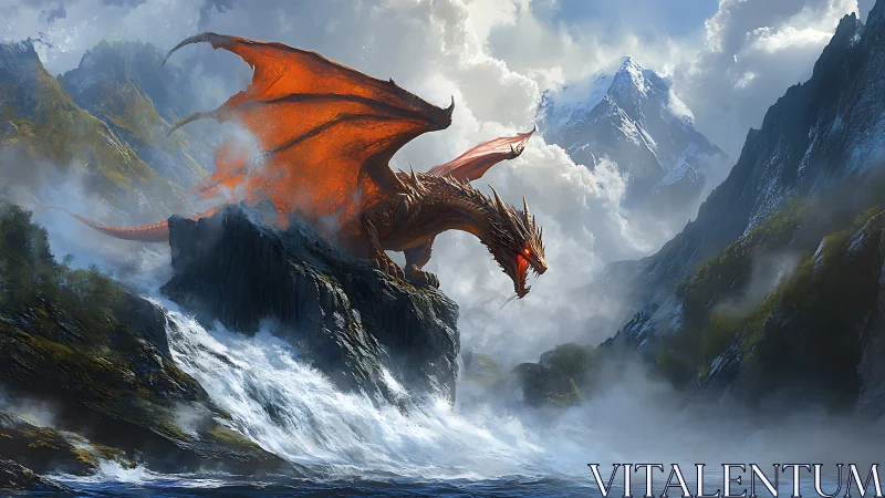 Red dragon dominating stormy river gorge in mountains.