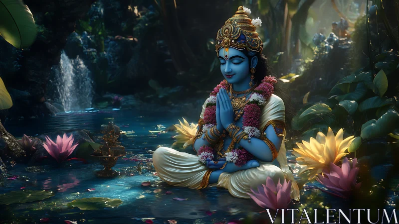 Blue divine child in lotus pond sanctuary at dawn.