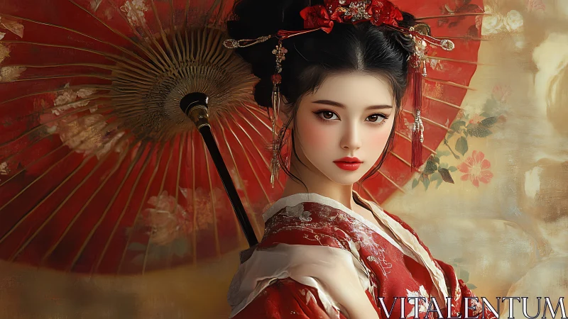 Geisha portrait with red parasol and ornate floral kimono.