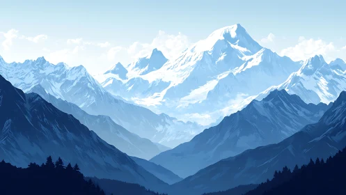 Snowpeak kingdoms rise through layers of blue silence.