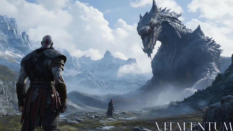 Mountain colossus snarls at lone warriors in frozen hush.