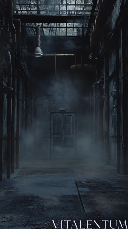 Mist-laden industrial corridor with corroded piping grid.