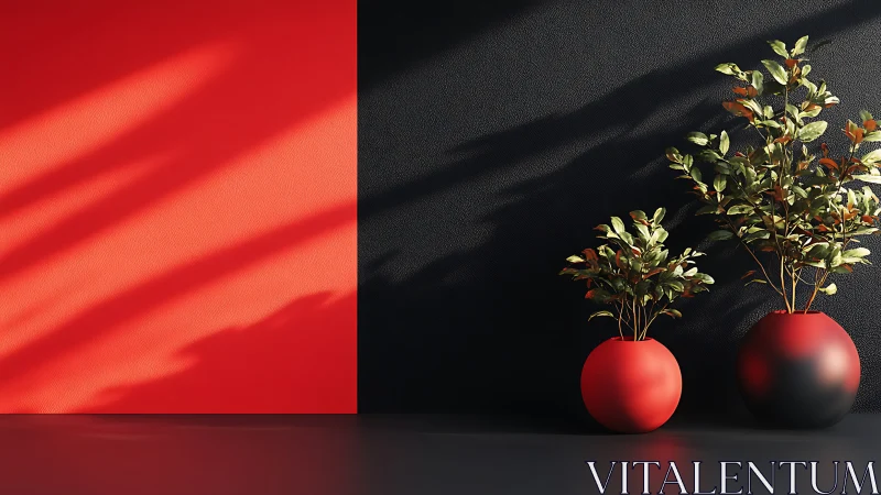 Red black minimal wall with spherical planters and foliage.