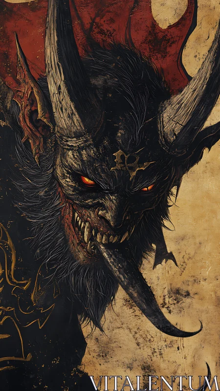 Demonic horned beast portrait with blazing eyes and fang blade.