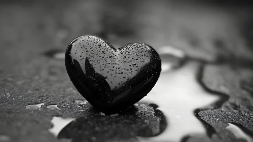 Water-Covered Heart on Wet Ground in Monochrome.