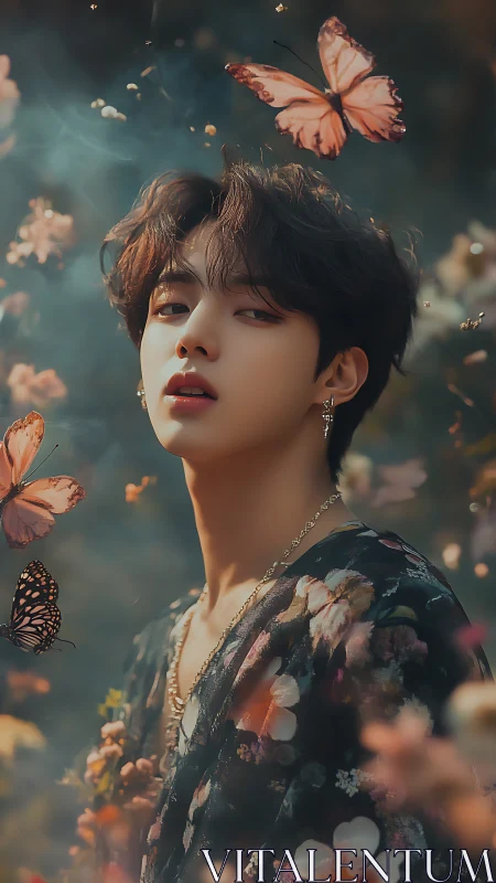 Ethereal youth amid drifting butterflies and floral haze.