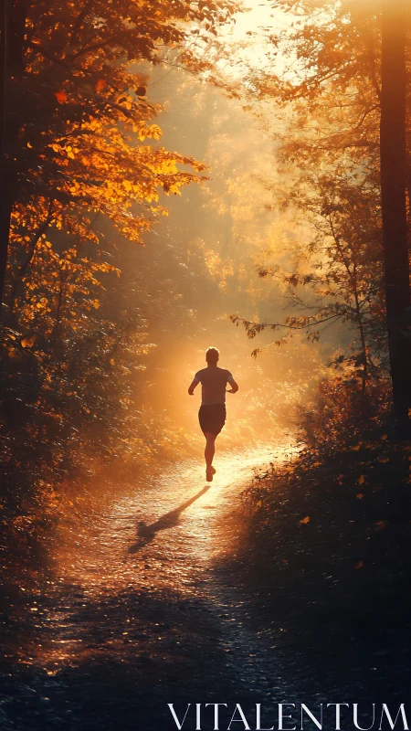 Backlit forest runner on autumn trail, high-contrast silhouette framing.