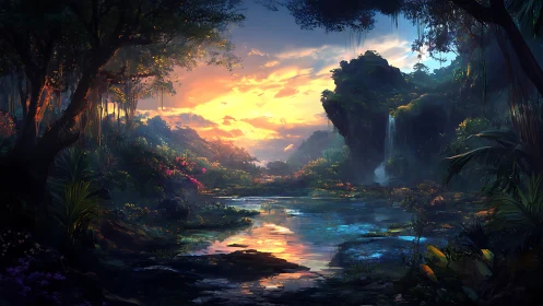 Sunset-lit hidden lagoon cradled by lush, dreamy jungle.