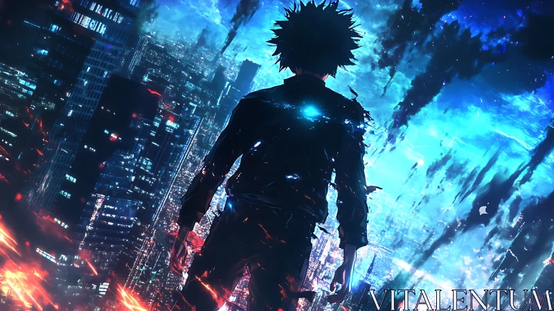 Lone neon sentinel surveying a fractured electric skyline.