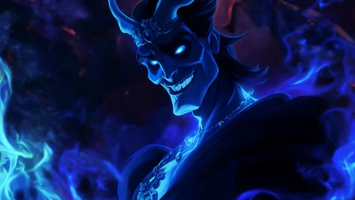 Blue flame trickster grinning in swirling underworld glow.