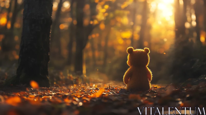 Backlit plush bear contemplates sunlit autumn forest path