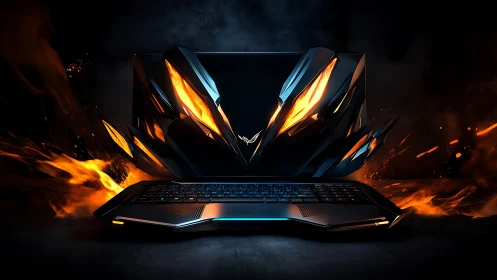 Gaming laptop erupts with fiery cybernetic power surge.