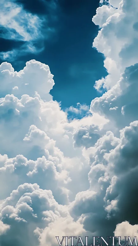 Towering cumulus clouds frame deep blue summer sky