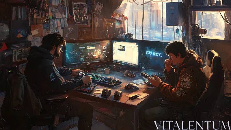 Dual-operator cyber workstation in urban hacker loft studio.