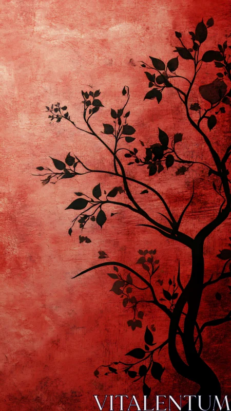 Shadowed branches dancing on a textured crimson dusk.