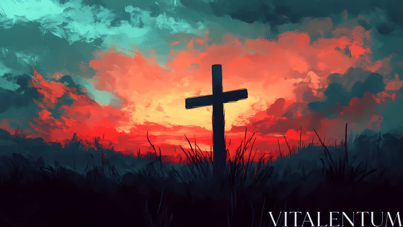 Silhouetted wooden cross against dramatic red teal sunset sky