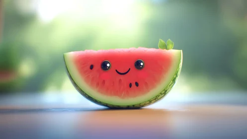 Cute anthropomorphic watermelon slice rendered in soft-focus bokeh