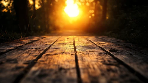 Wooden pathway in forest at golden sunset with warm light.