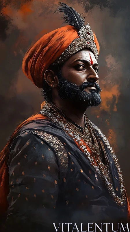 Regal warrior portrait in ornate turban, digital painting realism.