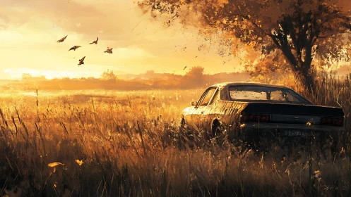 Sunlit field embrace with a quiet car at golden hour.