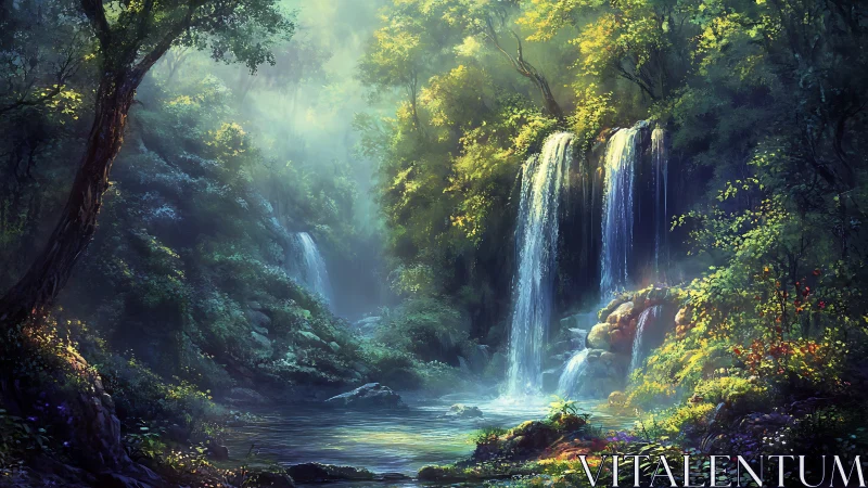 Enchanted Forest Waterfall with Misty Canopy.
