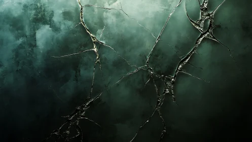 Cracked emerald surface stretches across shadowed depths.