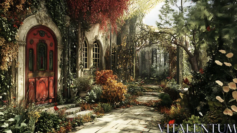 Overgrown courtyard frames ornate red door in diffused light