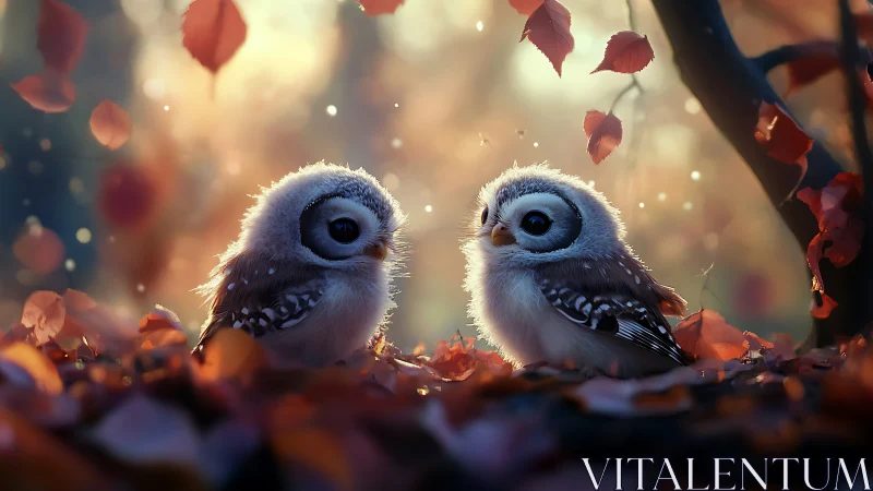Two Fluffy Baby Owls in Autumn Forest, Soft Dreamy Style.