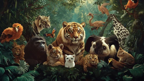 Diverse Animals Gather in Lush Forest Setting