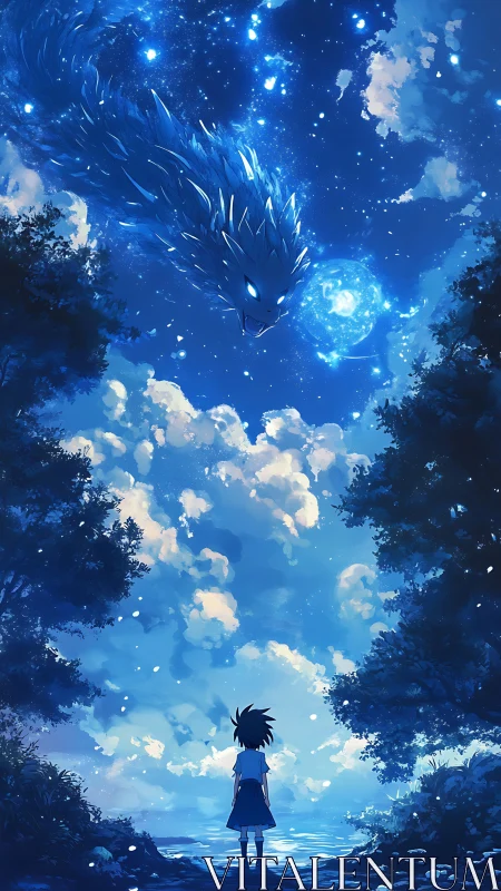 Starlit spectral dragon descends toward solitary child observer
