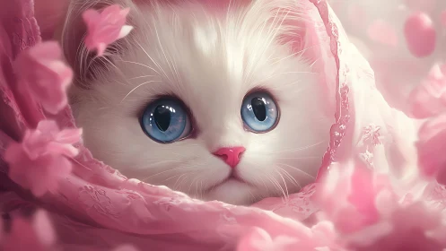 White Cat with Blue Eyes Surrounded by Pink Floral Elements