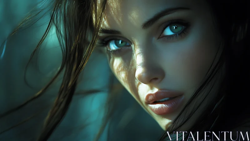 Photorealistic teal portrait with cinematic close-up lighting.