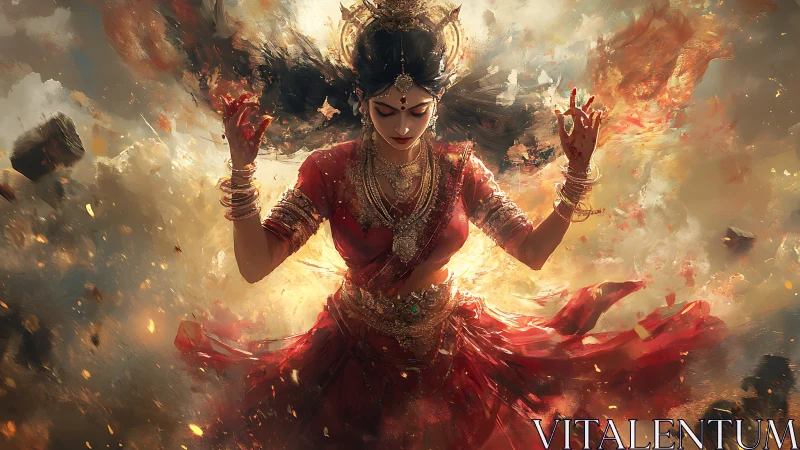 Mythic energy convergence around radiant fire dancer figure.