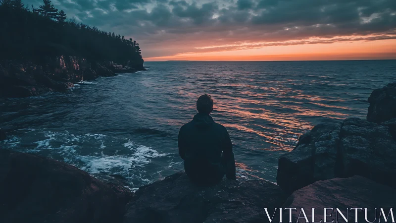 Solitary figure contemplating dusk over windswept coastline.