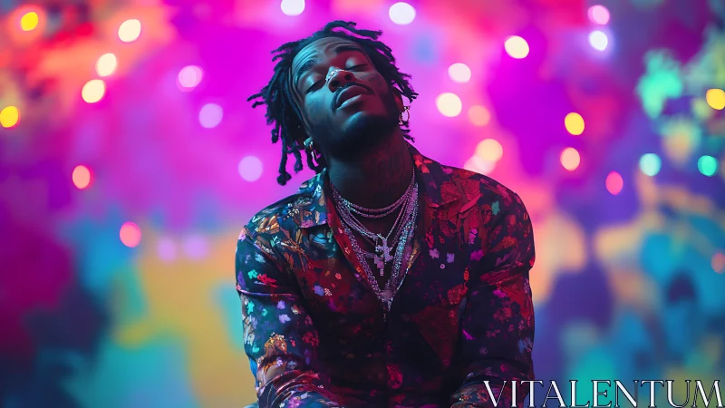 Photorealistic neon portrait under vibrant bokeh canopy.