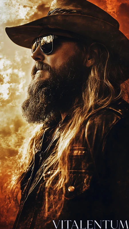 Bearded cowboy in golden light stands in rugged silence