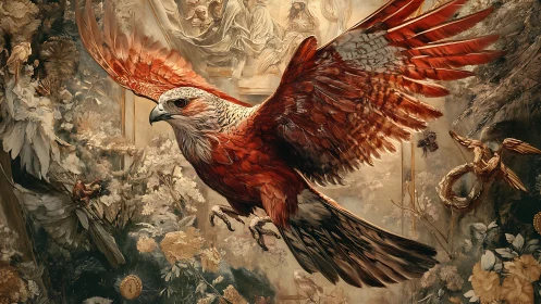 Majestic Red Hawk in Flight Amidst Vintage Floral Background.