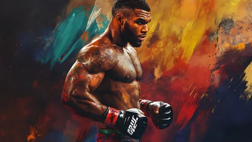Athletic male figure in boxing attire with dramatic abstract background