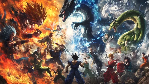 Dragon themed anime battle scene splits fire and storm