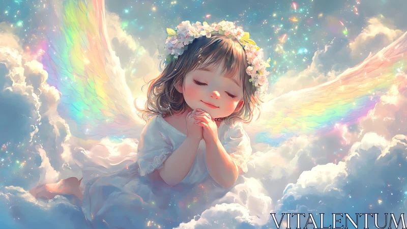 Child angel resting among clouds with rainbow wings.