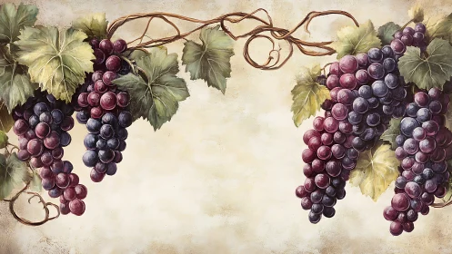 Ripened grape clusters frame a rustic Tuscan inspired canvas