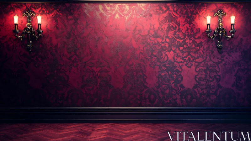 Red damask wall with two lit brass sconces stands centered