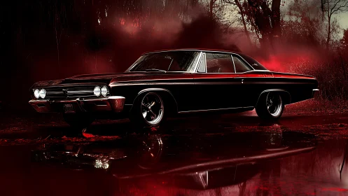Classic black muscle car dominates red misty forest road