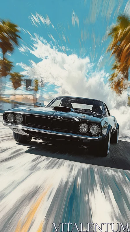 Muscle car sprint beneath streaked skies and palm blur.