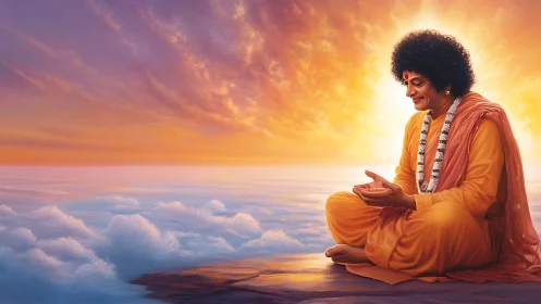 Mystic guru meditates above glowing cloud horizon