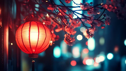 Red paper lantern illuminates cherry blossoms in neon bokeh