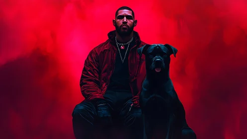 Brooding man with black dog amid neon red haze.