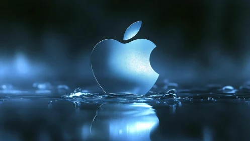 Gleaming apple logo rises softly from a glowing blue pool