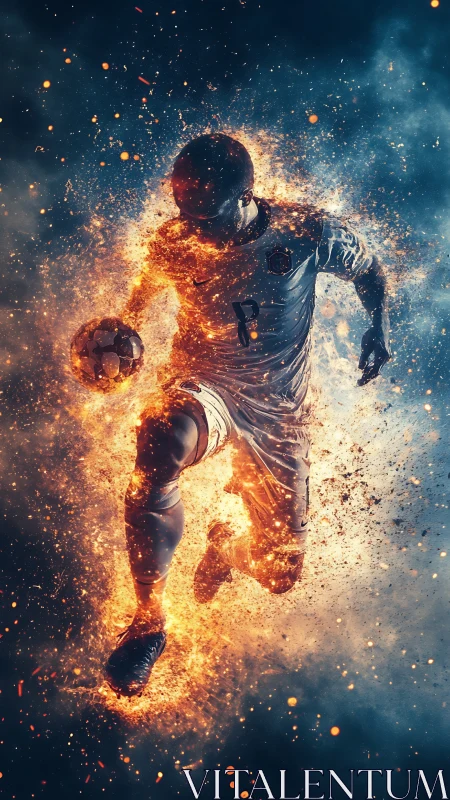 Soccer star sprinting through swirling sparks and firelight.