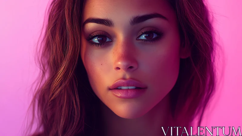 Neon-lit digital portrait with soft cinematic close-up gaze.